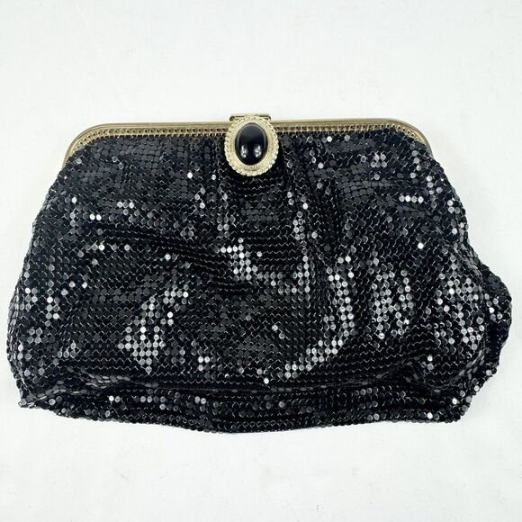 VTG Whiting & Davis Clutch Purse Black Metal Mesh Beaded Closure Chain Strap USA - Picture 2 of 15